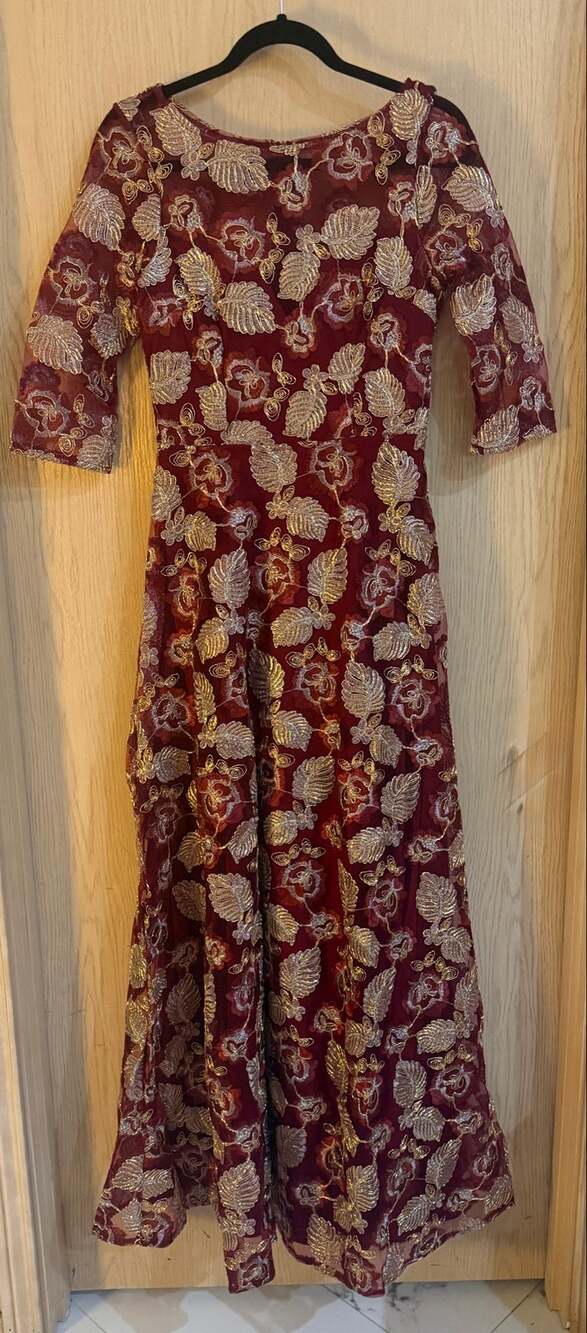 Maniju Burgundy Gold Floral Embroidered Mesh Maxi Dress Medium NWT